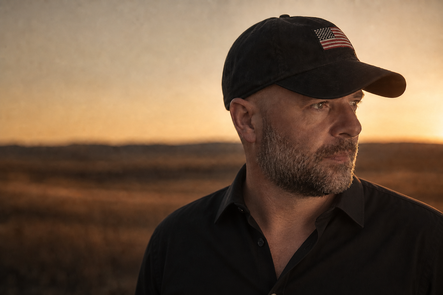 Brad Nietfeldt in profile wearing a black button-down shirt and an American flag cap
