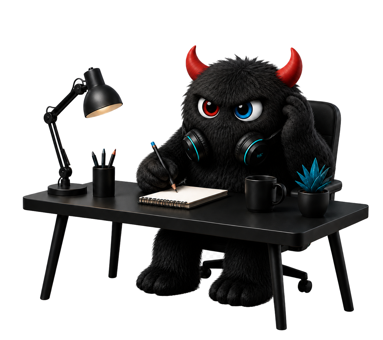 A friendly MMG monster listening and taking notes at a creative studio desk