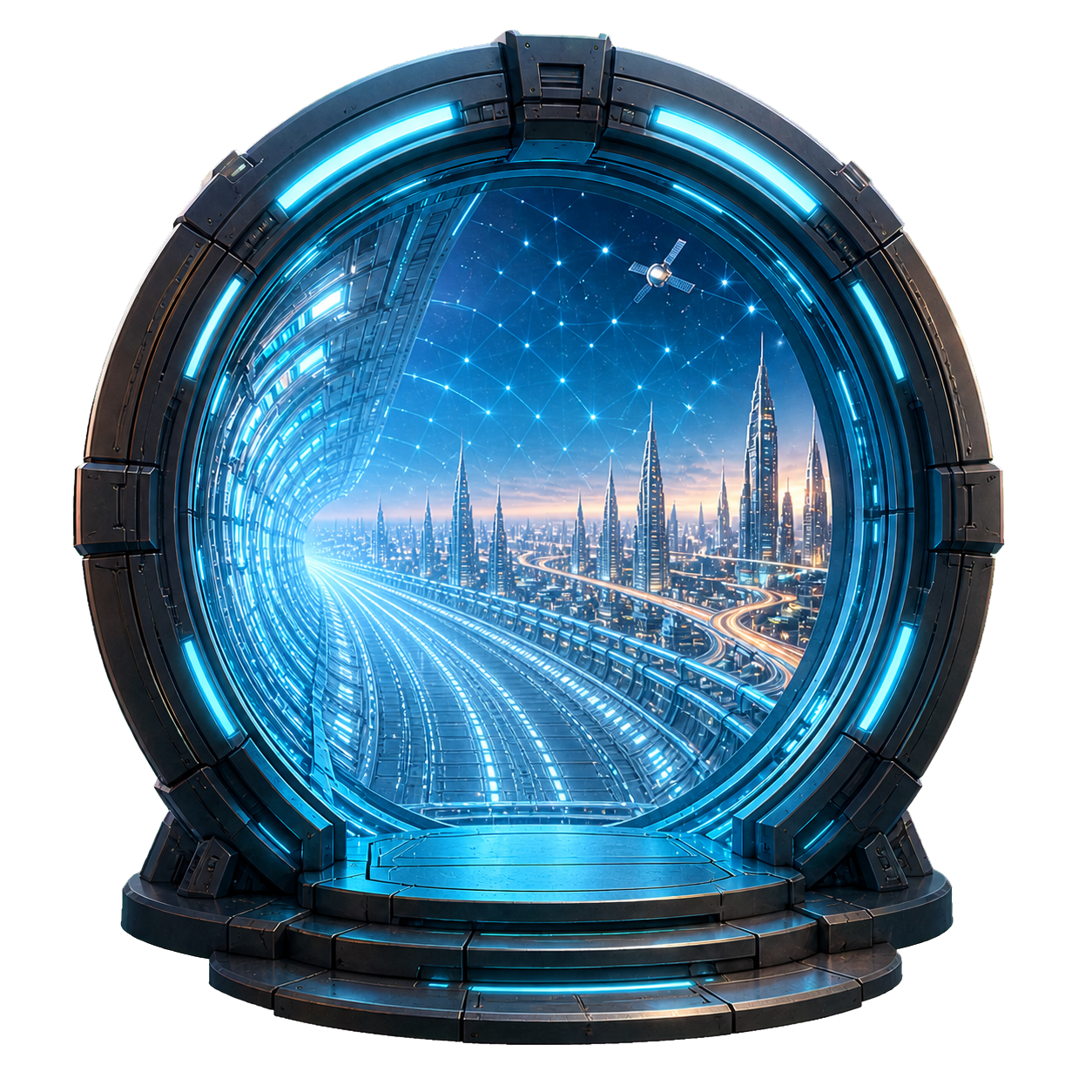 A luminous transportation portal opening onto a connected future city