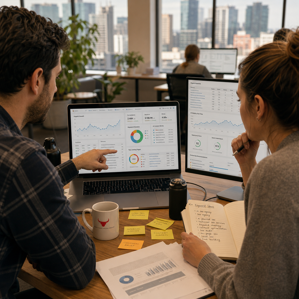 AI SEO agency strategy dashboard for organic growth and revenue tracking