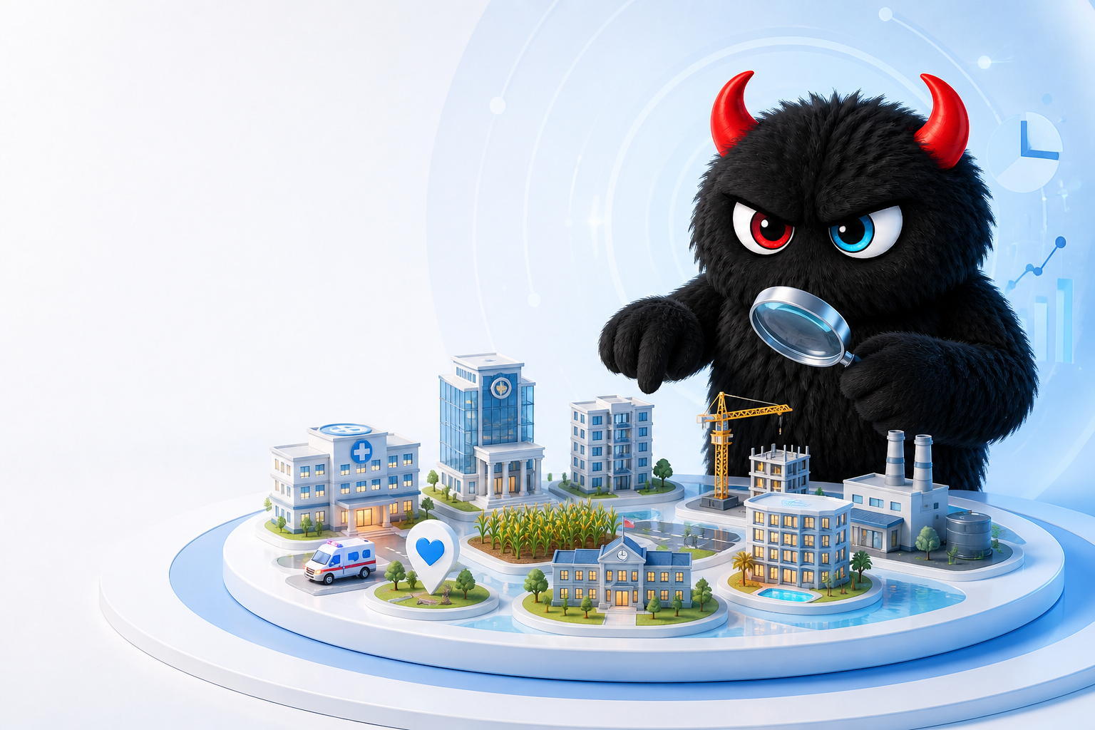 The MMG monster exploring a miniature world of healthcare, finance, agriculture, construction, education and manufacturing