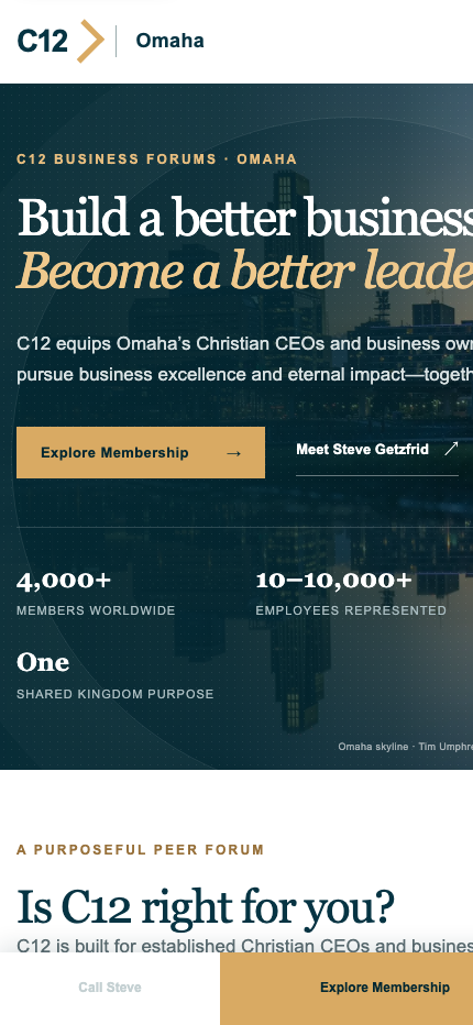 C12 Omaha website homepage on a mobile screen
